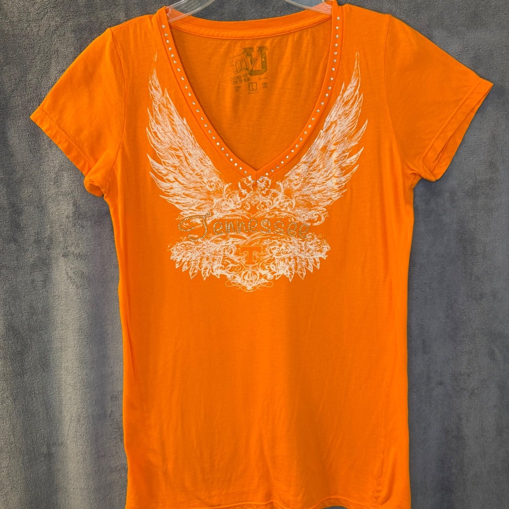 Tennessee Volunteers Orange Wing Rhinestone V-Neck Graphic T-Shirt Womens Large